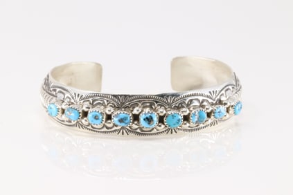 Native America Navajo Sterling Silver Turquoise Bracelet Cuff By Grace Silver.