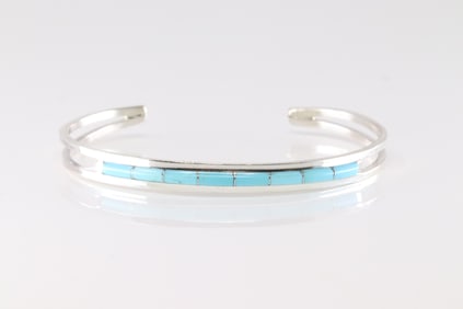 Native America Navajo Sterling Silver Turquoise Inlay Bracelet Cuff By A.L.W.