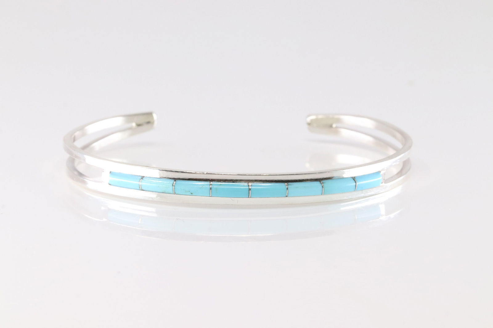 Native America Navajo Sterling Silver Turquoise Inlay Bracelet Cuff By A.L.W.: This is a Native America Navajo Sterling Silver Turquoise Inlay Bracelet Cuff By A.L.W.