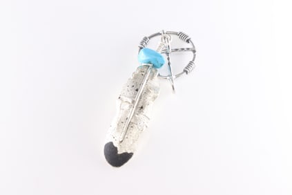 Native America Navajo Sterling Silver Turquoise Feather Pendant By Ernest Rangel.