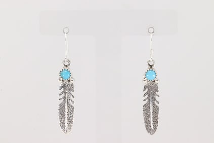 Native America Navajo Sterling Silver Turquoise Feather Dangling Earring's By Sharon McCarthy.