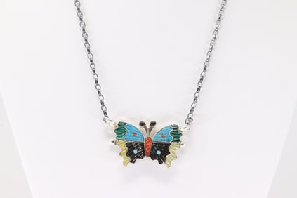 Native America Zuni Sterling Silver Multi-Color Stone Butterfly Necklace By Tamara Pinto.