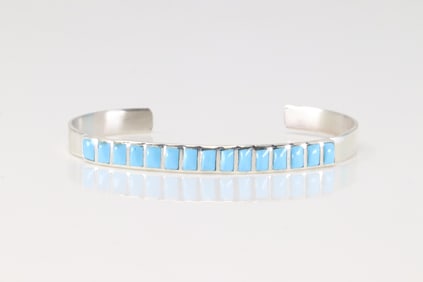 Native American Navajo Sterling Silver Turquoise Inlay Bracelet Cuff.