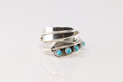 Native American Navajo Sterling Silver Turquoise Feather Ring By Aaron Davis.