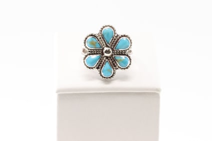 Native America Navajo Sterling Silver Turquoise Flower Ring By Carol Lateyice/ Gina Dosedo.