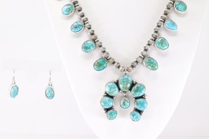 Native America Navajo Sterling Silver Sonora Gold Turquoise Necklace & Earring's Set By T.