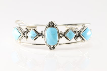 Native America Navajo Sterling Silver Turquoise Bracelet 5 Stone Cuff By Mike Smith.