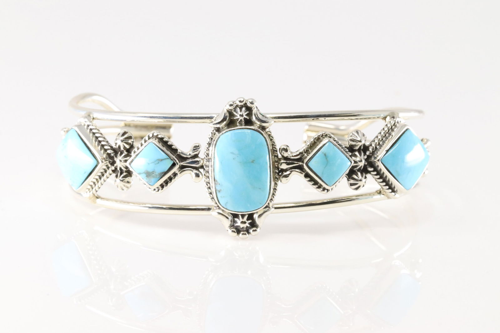 Native America Navajo Sterling Silver Turquoise Bracelet 5 Stone Cuff By Mike Smith. (1 of 4)