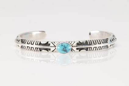 Native America Navajo Sterling Silver Turquoise Bracelet Cuff By Betty S.