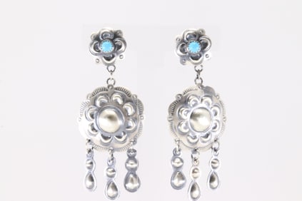 Native America Navajo Sterling Silver Turquoise Post / Dangling Earring's By Loritta Chee.
