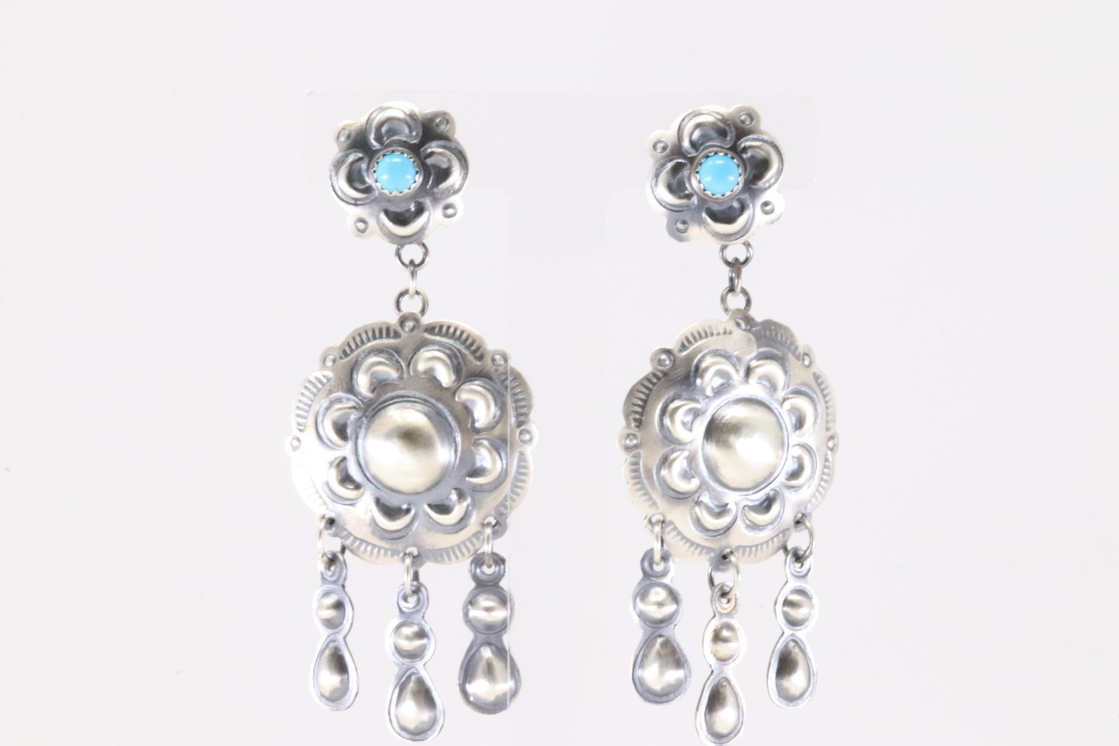 Native America Navajo Sterling Silver Turquoise Post / Dangling Earring's By Loritta Chee.: This is a Native America Navajo Sterling Silver Turquoise Post / Dangling Earring's By Loritta Chee.