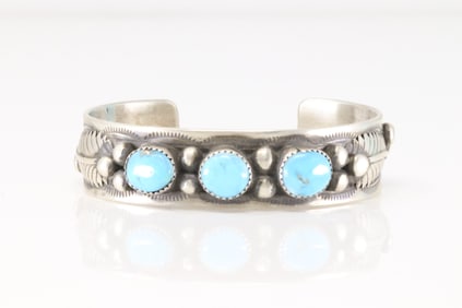 Native America Navajo Sterling Silver Turquoise Bracelet Cuff By Welbert Meyers.