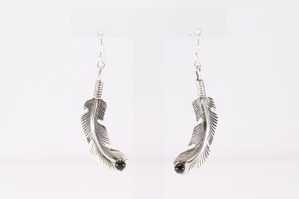 Native America Navajo Sterling Silver Black Onyx Feather Dangling Earring's By Louise Joe.