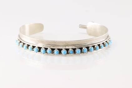 Native America Navajo Sterling Silver Turquoise Feather Bracelet Cuff By A.D.