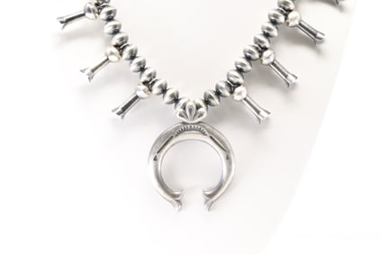 Native America Navajo Sterling Silver Solid Naja Squash Blossom Necklace By Presley Haley.