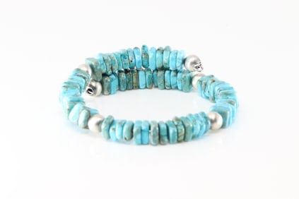 Native America Navajo Sterling Silver Turquoise / Beaded Stretch Bracelet.