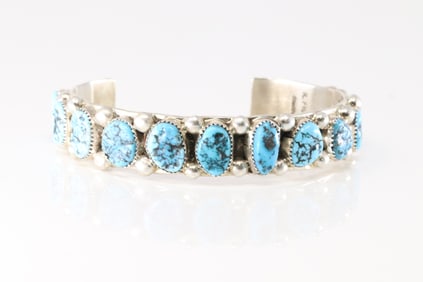 Native America Navajo Sterling Silver Kingman Turquoise Bracelet Cuff By Ranee Frank.