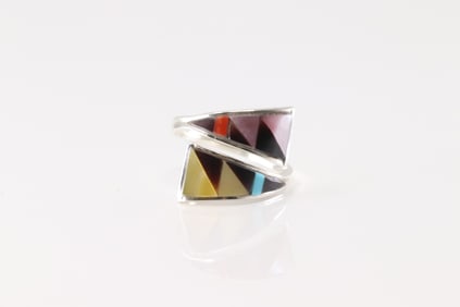 Native America Zuni Sterling Silver Multi-Color Stone Inlay Ring By Tammie Qualo.