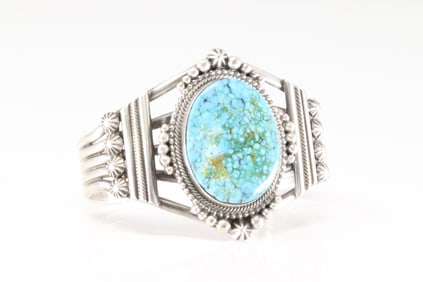 Native America Navajo Sterling Silver Kingman Turquoise Bracelet Cuff By Tom lewis.