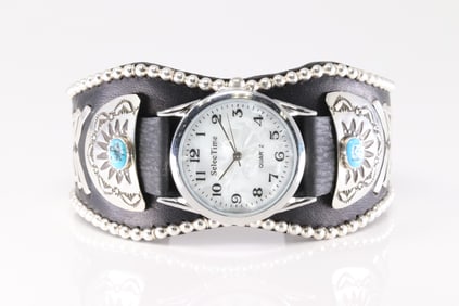 Native America Navajo Sterling Silver Men Turquoise Watch Leather Bracelet Cuff By F.Amrstrong.