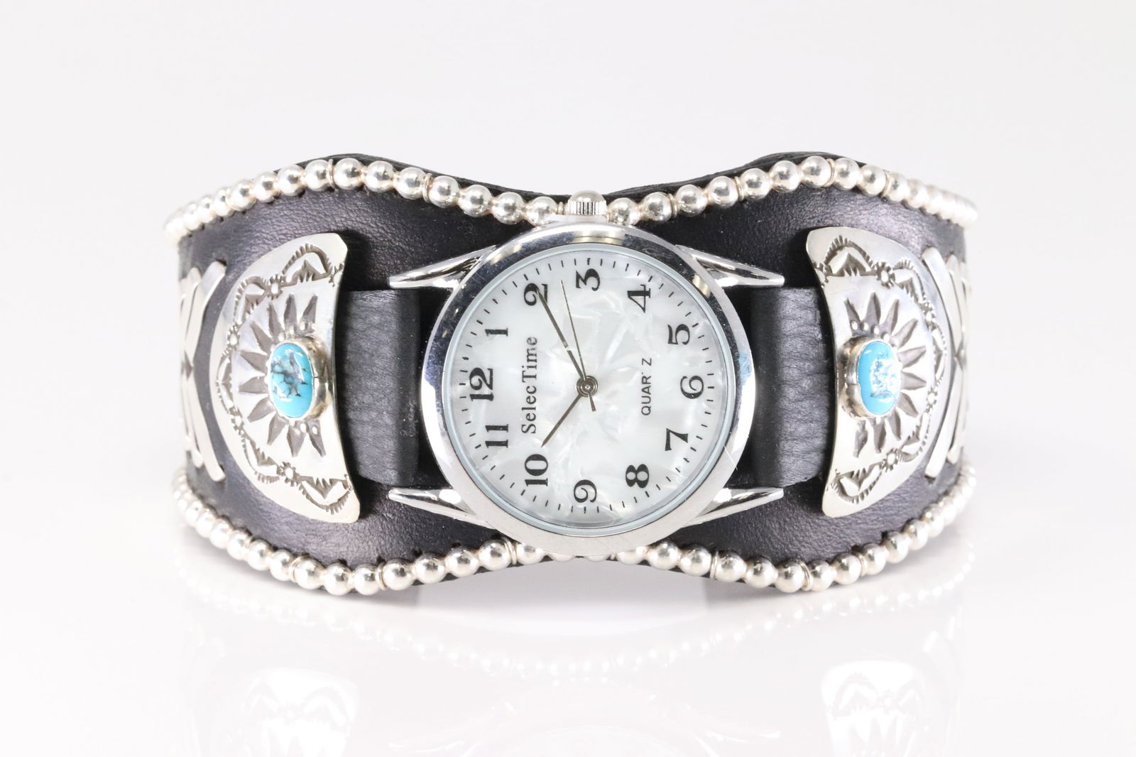 Native America Navajo Sterling Silver Men Turquoise Watch Leather Bracelet Cuff By F.Amrstrong.: This is a Native America Navajo Sterling Silver Men Turquoise Watch Leather Bracelet Cuff By F.Amrstrong. Total weight: 82.00 Grams.