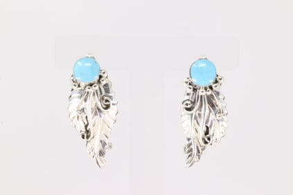 Native American Navajo Sterling Silver Kingman Turquoise Leaf Post Earring's By Gilbert Smith.