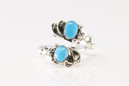 Native American Navajo Sterling Silver Turquoise Ring 2 Stone By Etta Belin.