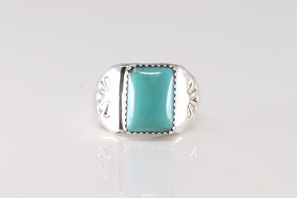 Native American Navajo Sterling Silver Turquoise Ring By Thomas Johnson.
