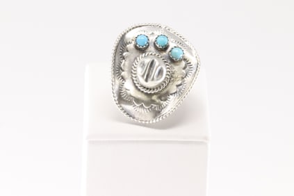 Native America Navajo Sterling Silver Turquoise Cowboy Hat Ring By Bobby Platero.