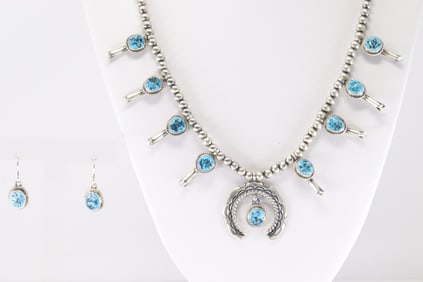 Native America Navajo Sterling Silver Kingman Turquoise Baby Squash Blossom Necklace & Earring's Set