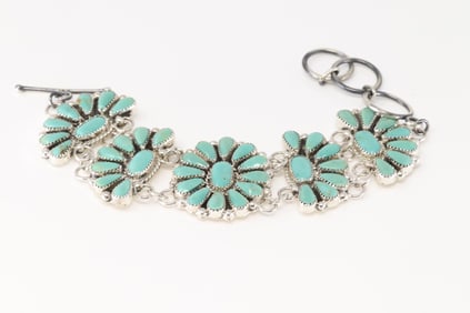 Native America Navajo Sterling Silver Kingman Turquoise Bracelet Link By Alicia Wilson.