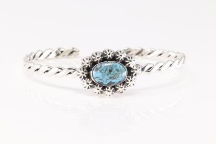Native America Navajo Sterling Silver Turquoise Bracelet Cuff By Sadie Jim.