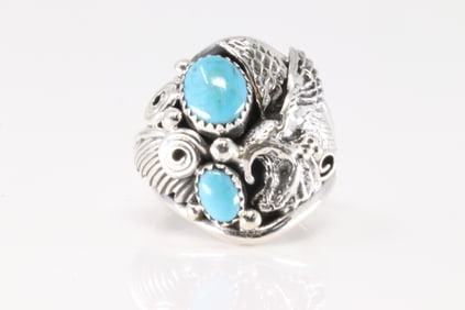 Native America Navajo Sterling Silver Turquoise Eagle Ring By Darrell Morgan.