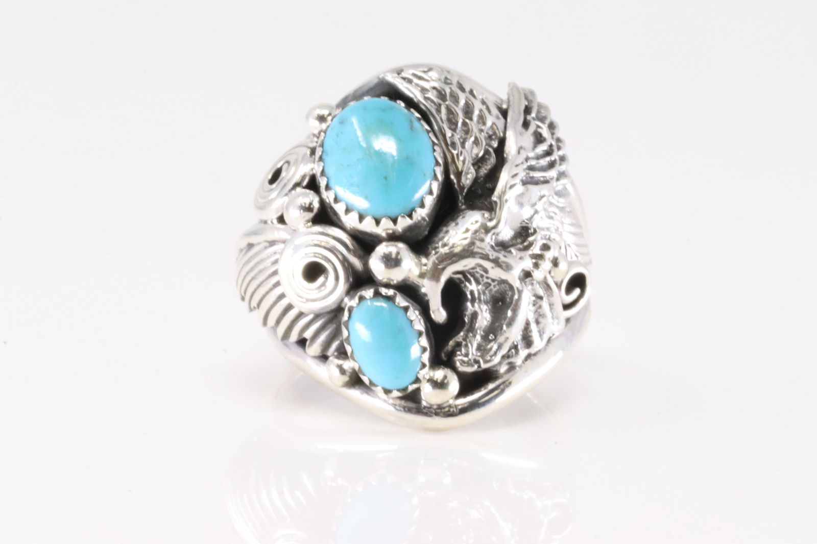 Native America Navajo Sterling Silver Turquoise Eagle Ring By Darrell Morgan. (1 of 4)