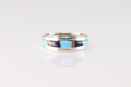 Native America Navajo Sterling Silver Multi-Color Stone Inlay Ring By Wilbert Muskett Jr.