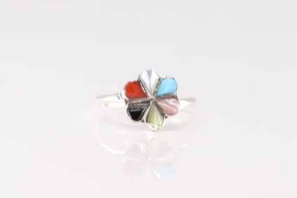 Native America Zuni Sterling Silver Multi-Color Stone Inlay Ring By Raymond Bobelu.