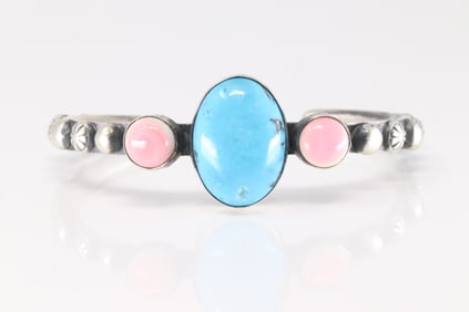 Native America Navajo Sterling Silver Pink Conch Shell & Kingman Turquoise Bracelet Cuff By Chimney