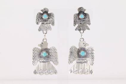 Native America Navajo Sterling Silver Turquoise Thunderbird Post / Dangling Earring's By Gabriela