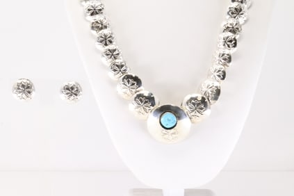 Native America Navajo Sterling Silver Turquoise Pearl Beaded Necklace & Earring's Set By Carol