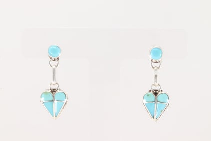 Native America Zuni Sterling Silver Turquoise Post / Dangling Heart Earring's By Velda Nastacio.