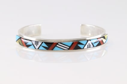 Native America Zuni Sterling Silver Multi-color Stone Inlay Bracelet Cuff By Viola Eriacho.