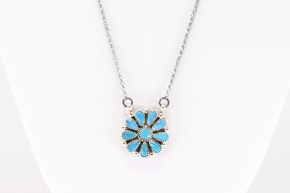Native America Navajo Sterling Silver Turquoise Flower Necklace By Alicia Wilson.