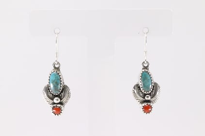 Native America Navajo Sterling Silver Coral & Turquoise Dangling Earring's By Robert Martinez.