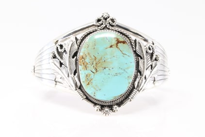 Native America Navajo Sterling Silver Turquoise Bracelet Cuff By Loretta Delgarito.