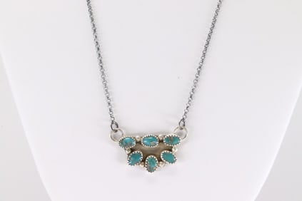 Native America Navajo Sterling Silver Kingman Turquoise Necklace By Maxine Ramirez.
