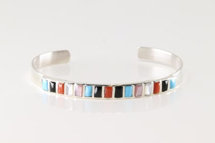 Native America Zuni Sterling Silver Multi-Color Stone Bracelet Cuff.