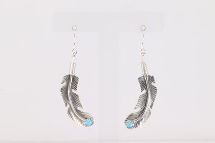 Native America Navajo Sterling Silver Turquoise Feather Dangling Earring's By Louise Joe.
