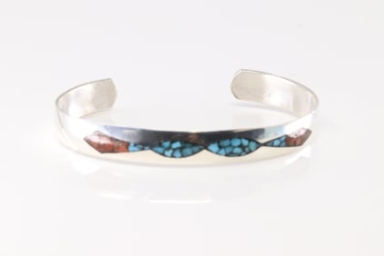 Native America Navajo Sterling Silver Coral & Turquoise Bracelet Cuff By Joleen Yazzie.