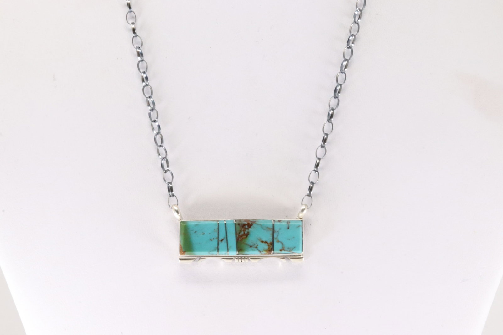 Native America Navajo Sterling Silver Turquoise Inlay Necklace By Steve Francisco.: This is a Native America Navajo Sterling Silver Turquoise Inlay Necklace By Steve Francisco. Necklace length: 16.00"