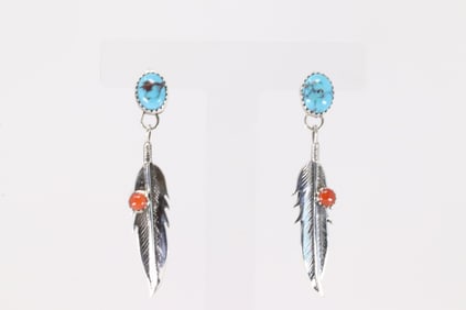 Native America Navajo Sterling Silver Coral & Turquoise Post /  Dangling  Earring's By Sharon
